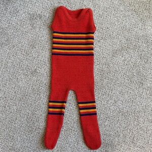 Vintage Young Dane Red Striped Knit Baby Jumpsuit made in Denmark